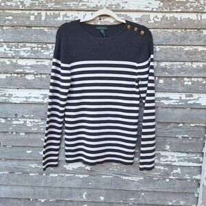 Lauren Ralph Lauren Gray and White Striped Crewneck Sweater Size xl
